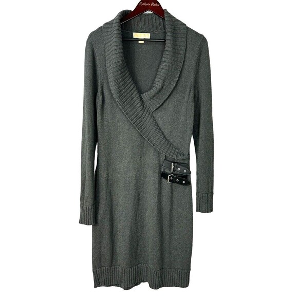 Michael Kors Women Sz L Gray Faux Wrap Sweater Dress Buckle Cowl Neck Ribbed T4 - Picture 1 of 12